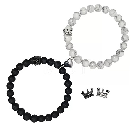 2Pcs Matching Natural Black Matte Stone & Synthetic HowliteRound Beads Stretch Bracelets PT6851-3-1