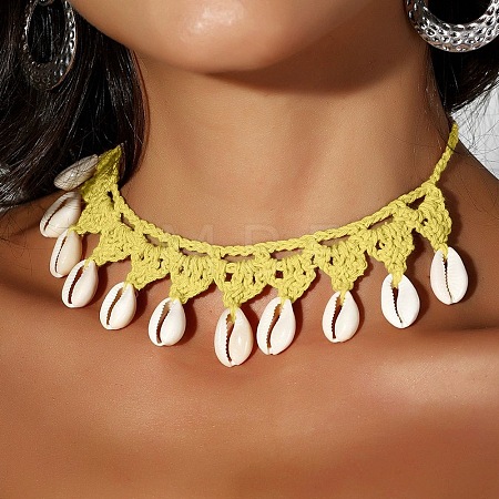Bohemian Handmade Woven Polyester Cord Natural Cowrie Shell Tassel Choker Necklaces for Women FS-WGB5F2D-02-1