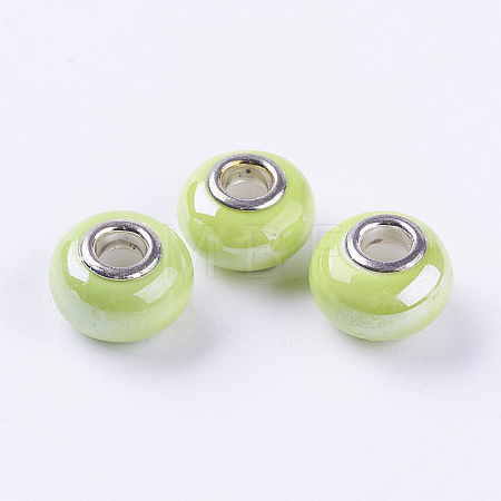Rondelle Green Yellow Handmade Porcelain Large Hole European Beads X-OPDL-G001-13-1