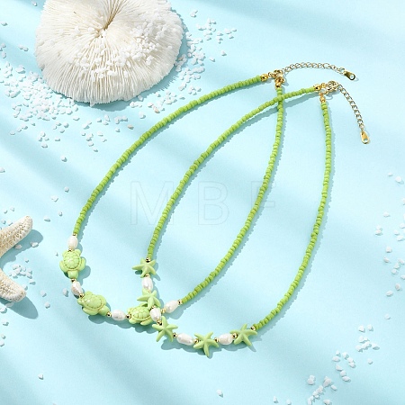2Pcs 2 Styles Ocean Turtle Starfish Synthetic Turquoise & Natural Pearl & Glass Seed Beaded Necklaces NJEW-JN06130-03-1