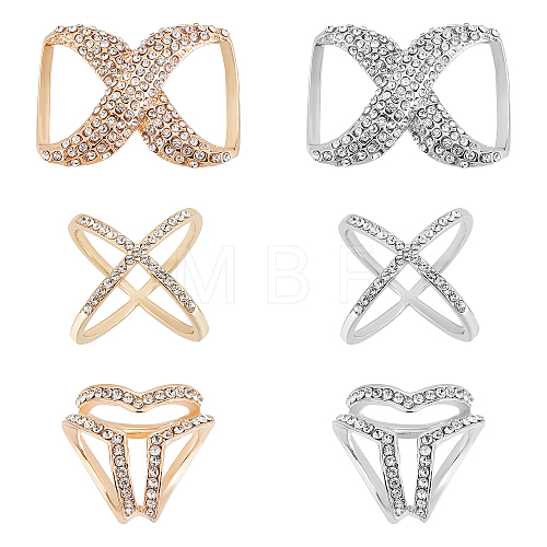 6Pcs 6 Style Crystal Infinity-shaped & X-shape & Three Ring Shape Rhinestone Scarf Buckle Rings JEWB-CA0001-03-1