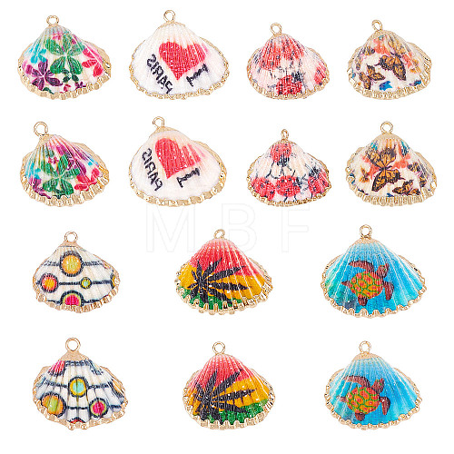 CHGCRAFT 14Pcs 7 Style Electroplate Printed Natural Scallop Shell Pendants SSHEL-CA0001-10-1