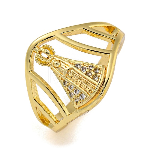 Virgin Mary Hollow Brass Micro Pave Cubic Zirconia Open Cuff Rings for Women RJEW-Z050-19G-1