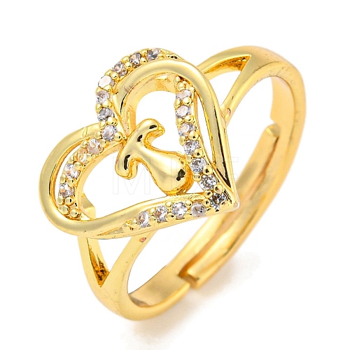 Heart with Letter Rack Plating Brass Micro Pave Clear Cubic Zirconia Adjustable Rings for Women RJEW-I105-01G-T-1