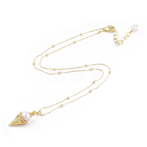 Natural Pearl Ice Cream Cone Pendant Necklace with Brass Satellite Chains for Women NJEW-T015-01G-1