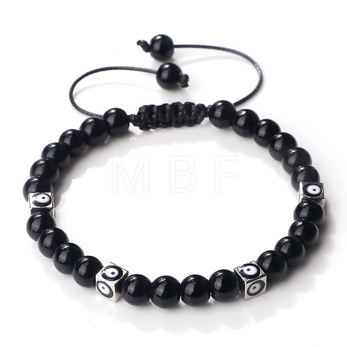Trendy Ethnic Style Cube Evil Eye & Round Natural Black Onyx(Dyed & Heated) Beaded Stretch Bracelets PJ2289-1-1