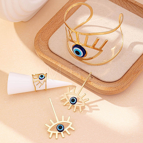 Hollow Out Evil Eye Alloy Resin Cuff Bangles & Cuff Rings & Stud Earrings Sets FS-WG3F92B-01-1