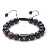 10MM Natural Black Onyx(Dyed & Heated) and Tiger Eye Alphabet Round Braided Bead Adjustable Bracelets for Women DM6424-22-1