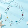 Round Shell Pearl and Starfish Dyed Synthetic Turquoise and Brass Curved Tube Beaded Double Layer Necklaces NJEW-TA00220-1