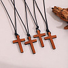 Adjustable Wood Religion Cross Pendant Black Waxed Cord Necklaces for Women Men FS-WGC7380-01-2