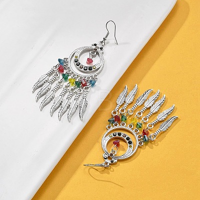 Ring & Feather Alloy & Glass Chandelier Earrings EJEW-G426-01AS-1