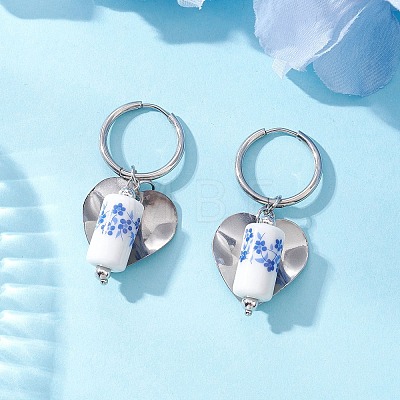 Column with Heart 316 & 202 Stainless Steel Hoop Earrings EJEW-JE06736-02-1