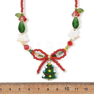 Brass Handmade Lampwork Christmas Tree Pendant Glass Beaded Necklaces NJEW-TA00275-1