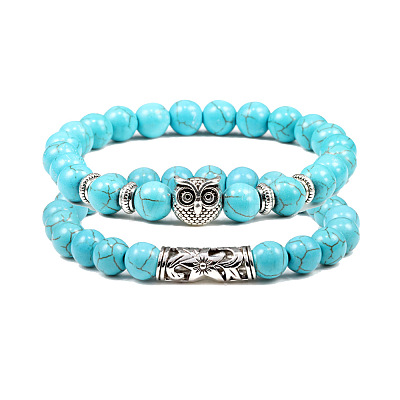 2Pcs Couple Alloy Star Owl & Synthetic Turquoise Stretch Bracelets Sets RY2820-5-1