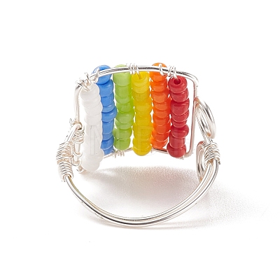 Glass Bead Braided Rectangle Open Cuff Ring RJEW-JR00489-1