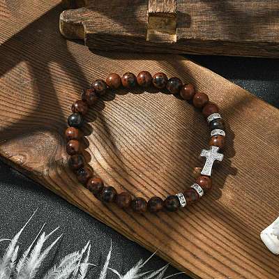 Cross Brass Micro Pave Clear Cubic Zirconia & 6mm Round Natural Mahogany Obsidian Beaded Stretch Bracelets for Women BJEW-JB10819-01-1