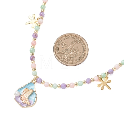 Natural Shell Bead & 304 Stainless Steel Dragonfly &
Alloy Enamel Teardrop with Butterfly Pattern Pendant Necklace & Charm Bracelets Sets SJEW-JS01376-1