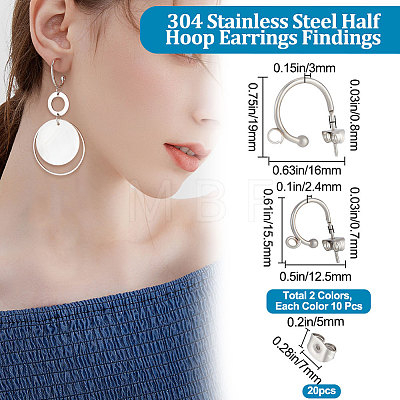 20Pcs 2 Size 304 Stainless Steel Half Hoop Earring Findings STAS-BBC0002-22-1