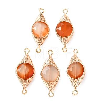 Natural Carnelian Faceted Hexagonal Cut Flat Round Links Connector Charms with Copper Herringbone Wire-Wrapped KK-Z152-07G-03-1