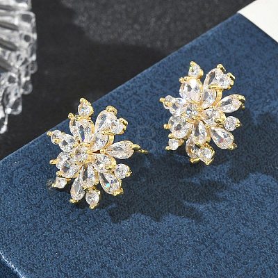 Snowflake Brass & Clear Cubic Zirconia Stud Earrings KK-CBA36A2-04G-1