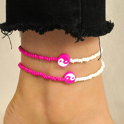 2Pcs Yin-yang Polymer Clay Glass Seed Beaded Stretch Anklet Sets for Women FS-WG3863F-02-1