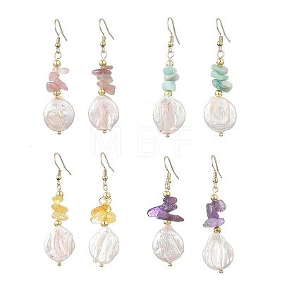 Natural Citrine/Natural Amethyst/Natural Rose Quartz/Natural Amazonite Chip & Natural Keshi Pearl Dangle Earrings EJEW-JE07445-1