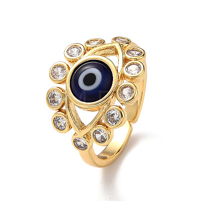Lampwork Evil Eye Open Cuff Ring with Clear Cubic Zirconia RJEW-L104-03G-1