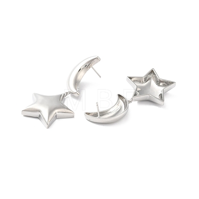 Long-Lasting Plated Brass Star and Moon Dangle Stud Earrings for Women EJEW-K093-27P-1