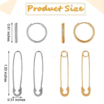 4Pair 4 Style Safety Pin & Ring 304 Stainless Steel Hoop Earrings for Women EJEW-SZ0001-84-1