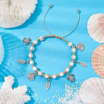 Feather & Turtle & Shell Shape Alloy Charm Bracelet BJEW-TA00389-01-1
