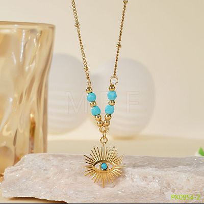 304 Stainless Steel Micro Pave Clrar Cubic Zirconia and Synthetic Turquoise Evil Eye Pendant Necklaces WG65F11-01-1
