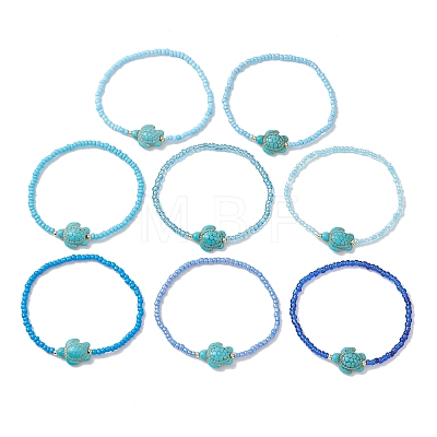 8Pcs Glass Seed Beaded & Synthetic Turquoise Turtle Beaded Stretch Bracelets Set for Women BJEW-MZ00319-1