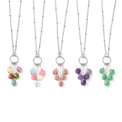 Natural Mixed Gemstone Faceted Cube Beaded Tassel Pendant 304 Stainless Steel Satellite Chain Necklaces for Women NJEW-JN06448-1