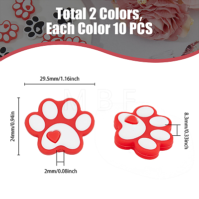 HOBBIESAY 20Pcs 2 Colors Dog Paw Print Food Grade Eco-Friendly Silicone Beads SIL-HY0001-30-1