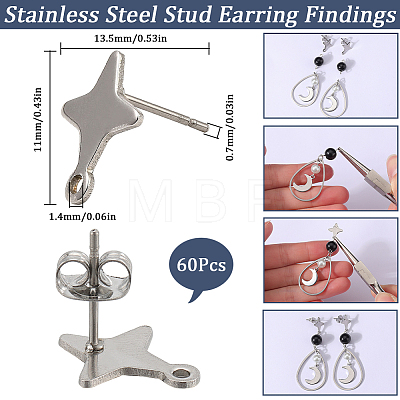 SUNNYCLUE 60Pcs Star Shape 201 Stainless Steel Stud Earrings Findings STAS-SC0007-96-1