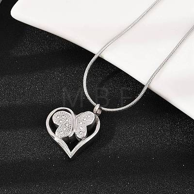304 Stainless Steel Micro Pave Clear Cubic Zirconia Butterfly Heart Pendant Pet Urn Ashes Necklaces NJEW-S455-10P-1