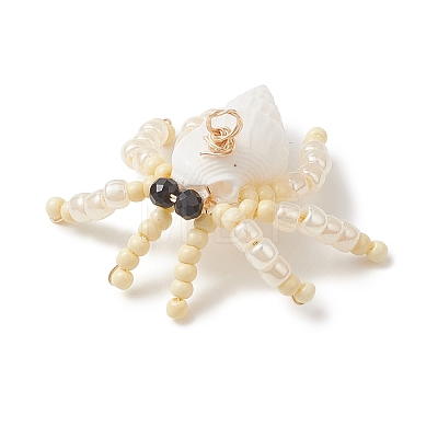 Faceted Round Natural Black Spinel & Natural Trumpet Shell & Glass Seed Beaded Crab Pendants PALLOY-MZ01177-02-1