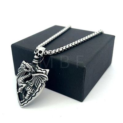 Vintage 304 Stainless Steel Skull Shield with Dragon Pendant Necklaces for Men IV2024-1
