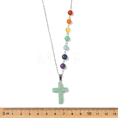 Chakra Natural Green Aventurine Religion Cross Pendant 304 Stainless Steel Cable Chain Necklaces for Women NJEW-JN06268-01-1