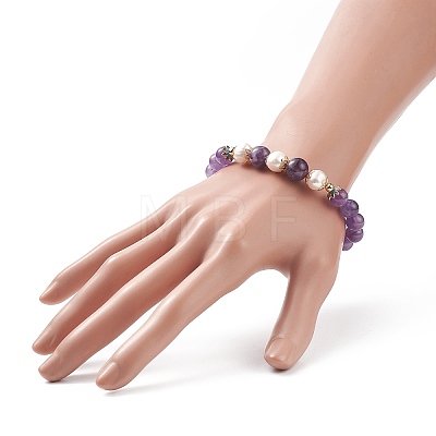 Natural Gemstone & Pearl & Brass Flower Beaded Stretch Bracelet for Women BJEW-JB09010-1