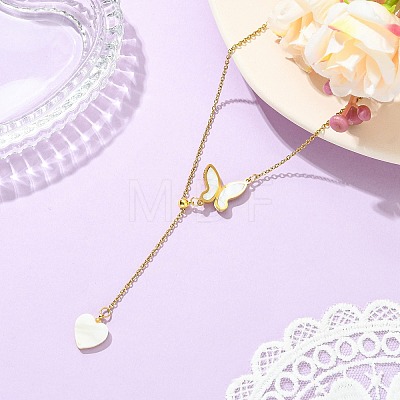 Adjustable 304 Stainless Steel & Natural Shell Butterfly Heart Pendant Cable Chain Lariat Necklaces for Women NJEW-JN06250-1