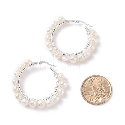 Natural Pearl Wire Wrapped Beaded Hoop Earrings for Women EJEW-JE04758-03-1