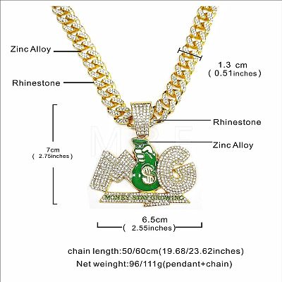 Hiphop Style Zinc Alloy Full Crystal Rhinestone Enamel Letter MG Green Money Bag Pendant Cuban Link Chain Necklaces for Men WGCD60A-01-1