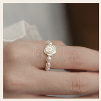 Flower Shell Pearl with Natural Freshwater Pearl Rice Beaded Finger Rings for Women FS-WGB4426-01-1