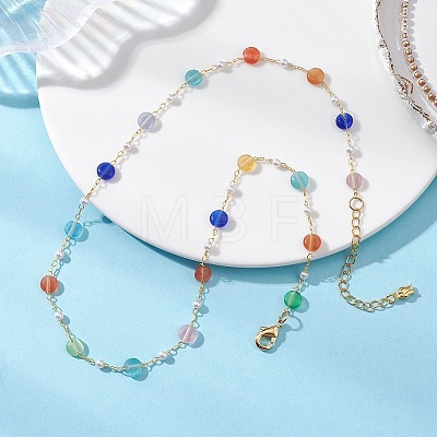Colorful Flat Round Cat Eye & Plastic Imitation Pearl Brass Handmade Link Chain Necklaces for Women NJEW-JN05743-1