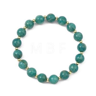 Round Natural Amazonite & Brass Spacer Beads Beaded Stretch Bracelets for Women BJEW-JB14078-1
