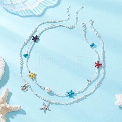 Round Shell Pearl and Starfish Dyed Synthetic Turquoise and Brass Curved Tube Beaded Double Layer Necklaces NJEW-TA00220-1