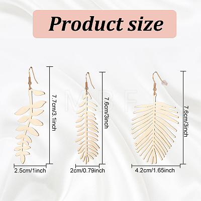 3 Pairs 3 Style Alloy Leaf Long Dangle Earrings for Women EJEW-AN0001-73-1