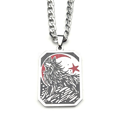 304 Stainless Steel Enamel Black Wolf Dog Tag Pendant Necklaces for Men WG9808E-01-1