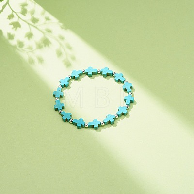 Synthetic Turquoise(Dyed) Cross Beaded Stretch Bracelet BJEW-JB08450-02-1